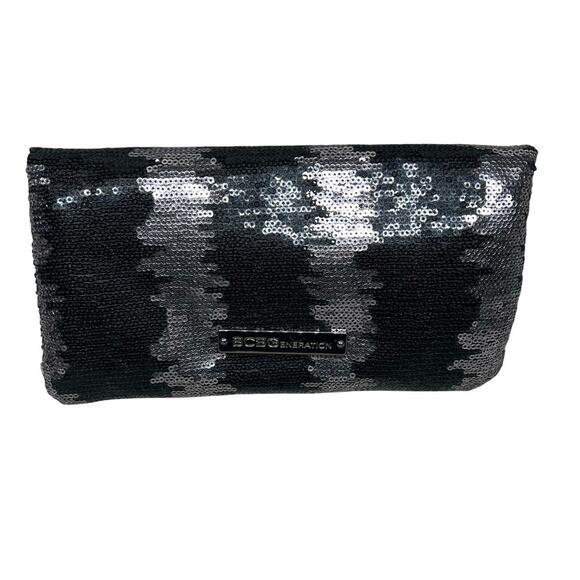 BCBGeneration Black and Silver Sequin Fold Over Clutch Zippered Closure - Picture 1 of 11
